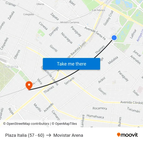 Plaza Italia (57 - 60) to Movistar Arena map
