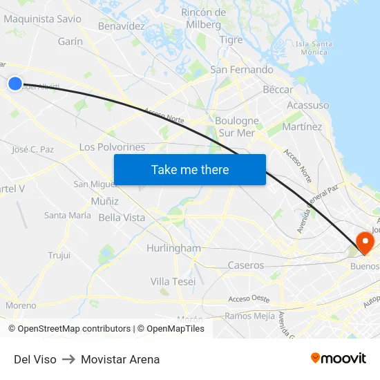 Del Viso to Movistar Arena map