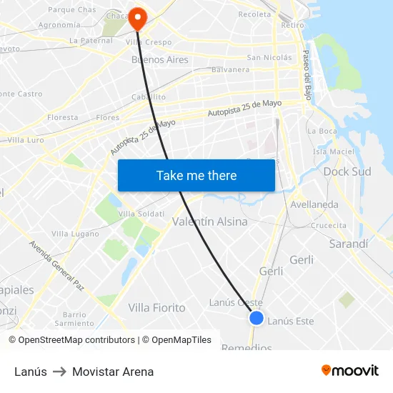 Lanús to Movistar Arena map