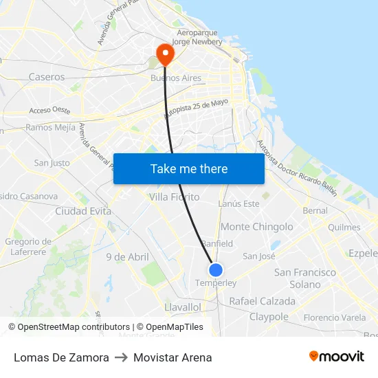 Lomas De Zamora to Movistar Arena map