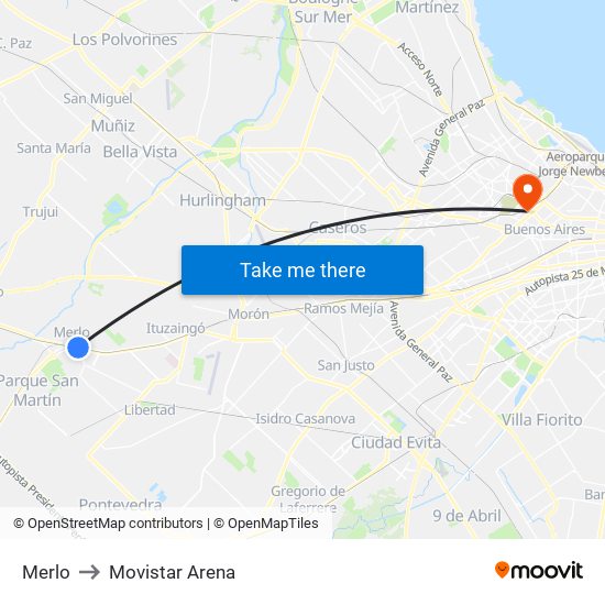 Merlo to Movistar Arena map