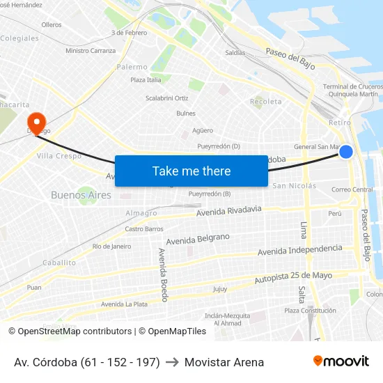 Av. Córdoba (61 - 152 - 197) to Movistar Arena map