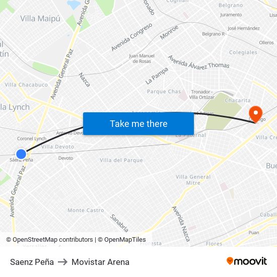 Saenz Peña to Movistar Arena map