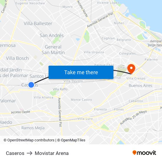 Caseros to Movistar Arena map