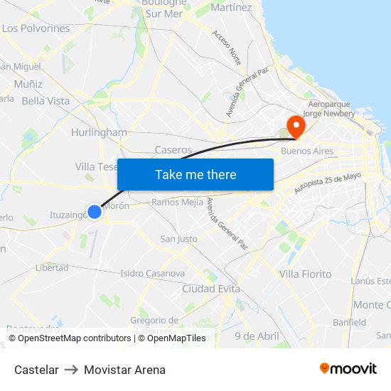 Castelar to Movistar Arena map