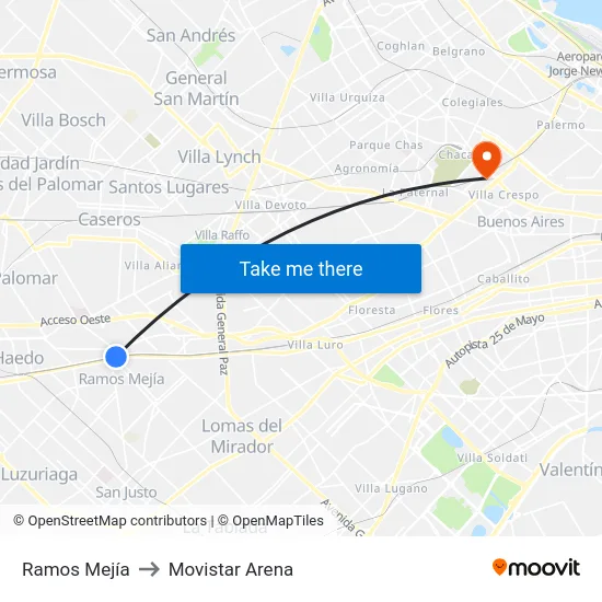 Ramos Mejía to Movistar Arena map