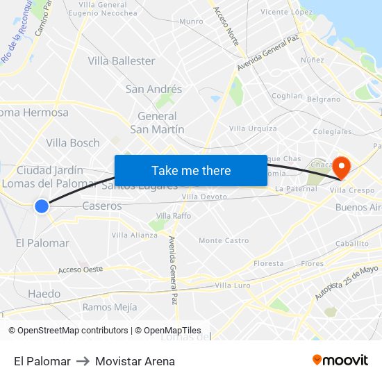 El Palomar to Movistar Arena map