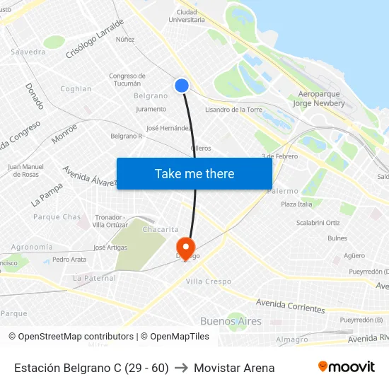 Estación Belgrano C (29 - 60) to Movistar Arena map
