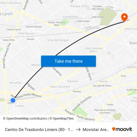 Centro De Trasbordo Liniers (80 - 117) to Movistar Arena map