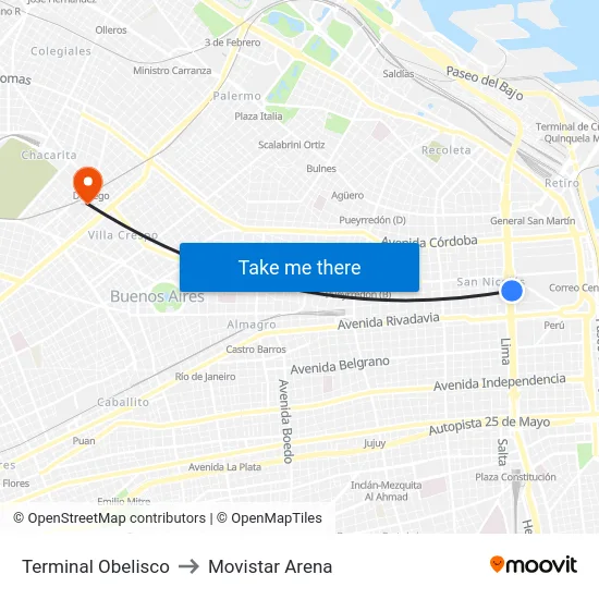 Terminal Obelisco to Movistar Arena map
