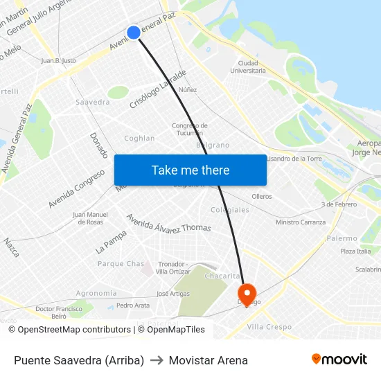 Puente Saavedra (Arriba) to Movistar Arena map