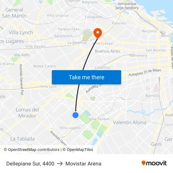 Dellepiane Sur, 4400 to Movistar Arena map