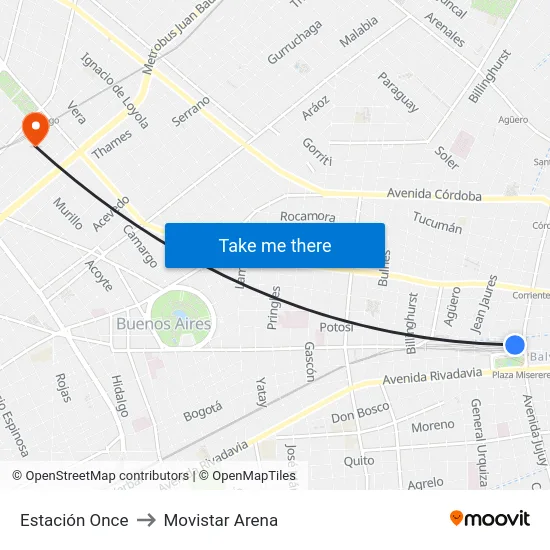 Estación Once to Movistar Arena map