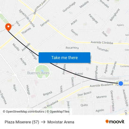 Plaza Miserere (57) to Movistar Arena map