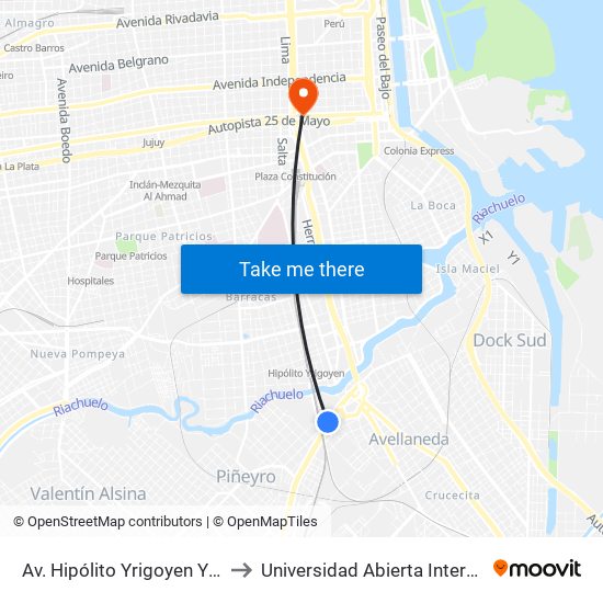 Av. Hipólito Yrigoyen Y Obreros De La Negra to Universidad Abierta Interamericana - Sede Centro map