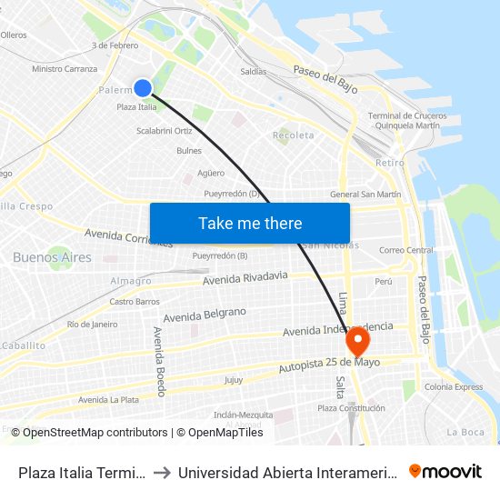 Plaza Italia Terminal L.57-60 to Universidad Abierta Interamericana - Sede Centro map