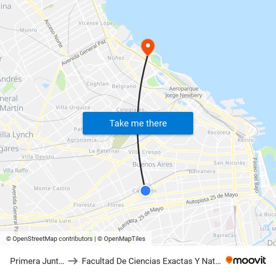 Primera Junta (136 - 163) to Facultad De Ciencias Exactas Y Naturales - Pabellón Cero + Infinito map