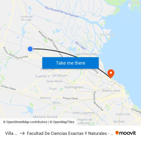 Villa Rosa to Facultad De Ciencias Exactas Y Naturales - Pabellón Cero + Infinito map