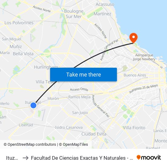 Ituzaingó to Facultad De Ciencias Exactas Y Naturales - Pabellón Cero + Infinito map