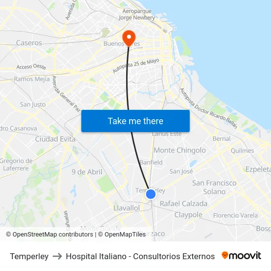 Temperley to Hospital Italiano - Consultorios Externos map