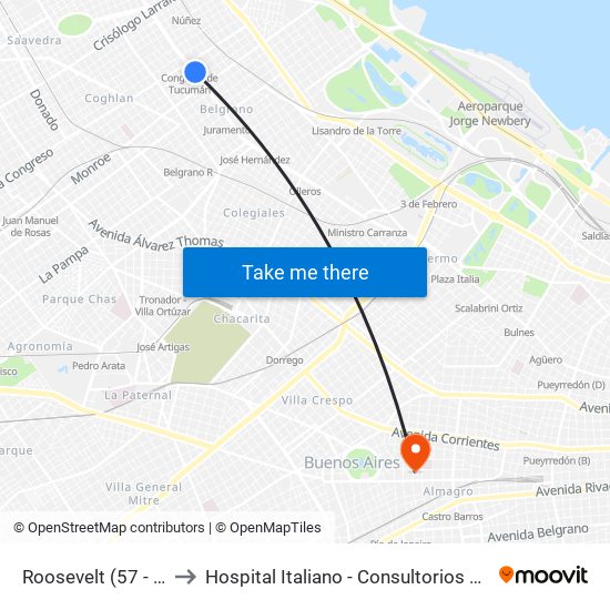 Roosevelt (57 - 194) to Hospital Italiano - Consultorios Externos map