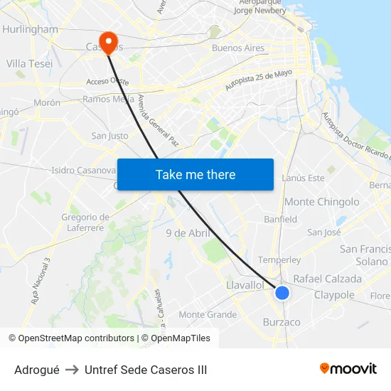 Adrogué to Untref Sede Caseros III map