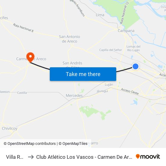 Villa Rosa to Club Atlético Los Vascos - Carmen De Areco - Ba map