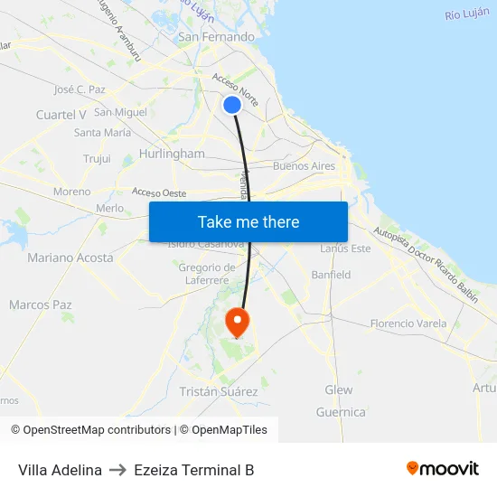 Villa Adelina to Ezeiza Terminal B map
