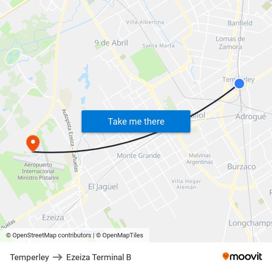 Temperley to Ezeiza Terminal B map