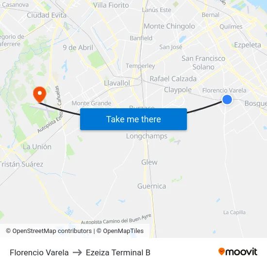Florencio Varela to Ezeiza Terminal B map