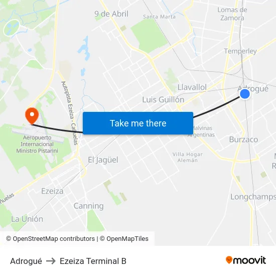 Adrogué to Ezeiza Terminal B map