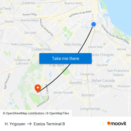 H. Yrigoyen to Ezeiza Terminal B map