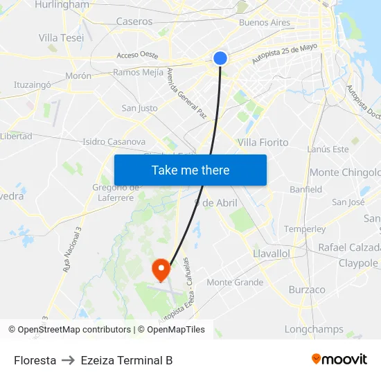 Floresta to Ezeiza Terminal B map