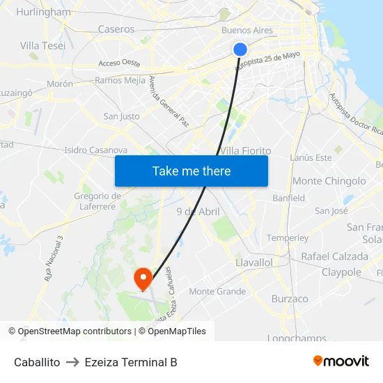 Caballito to Ezeiza Terminal B map