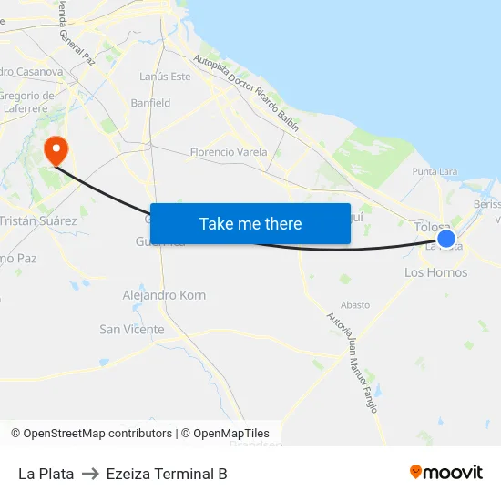 La Plata to Ezeiza Terminal B map