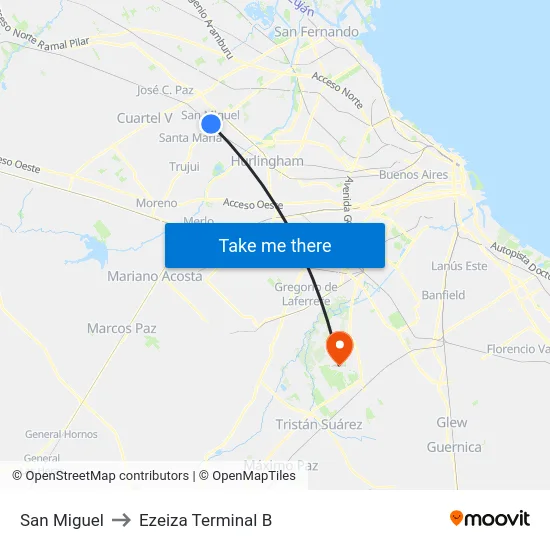 San Miguel to Ezeiza Terminal B map