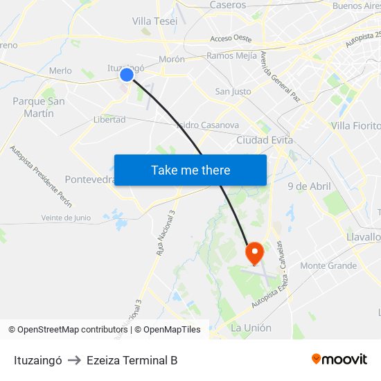 Ituzaingó to Ezeiza Terminal B map