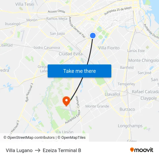 Villa Lugano to Ezeiza Terminal B map