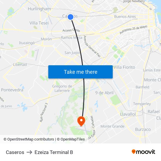 Caseros to Ezeiza Terminal B map