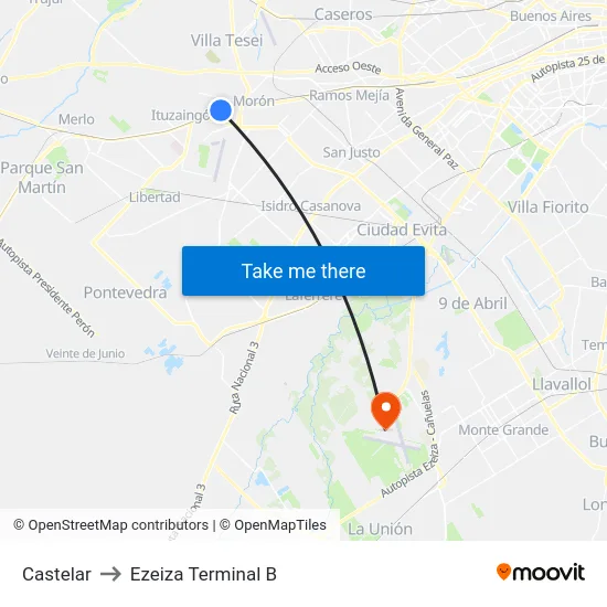 Castelar to Ezeiza Terminal B map