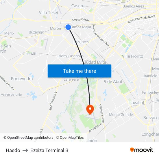 Haedo to Ezeiza Terminal B map
