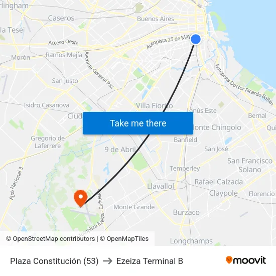 Plaza Constitución (53) to Ezeiza Terminal B map