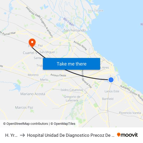 H. Yrigoyen to Hospital Unidad De Diagnostico Precoz De Alta Complejidad Rubén Caporaletti map