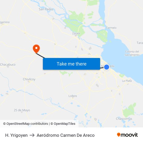 H. Yrigoyen to Aeródromo Carmen De Areco map