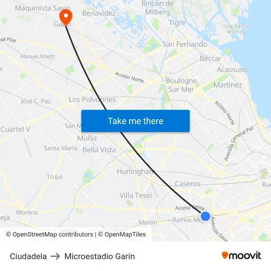 Ciudadela to Microestadio Garín map