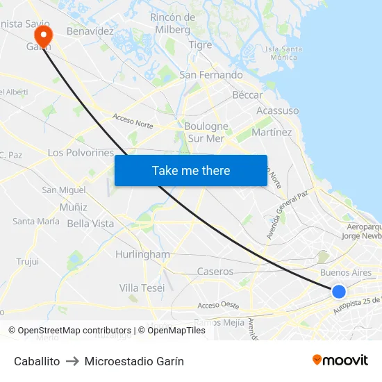 Caballito to Microestadio Garín map