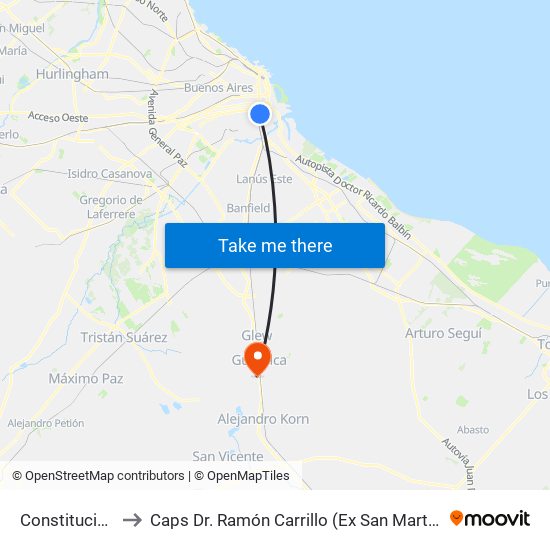 Constitución to Caps Dr. Ramón Carrillo (Ex San Martín) map