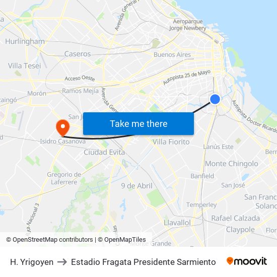 H. Yrigoyen to Estadio Fragata Presidente Sarmiento map