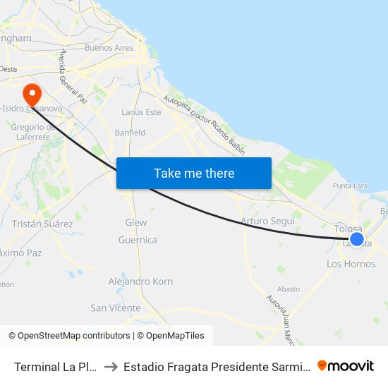 Terminal La Plata to Estadio Fragata Presidente Sarmiento map