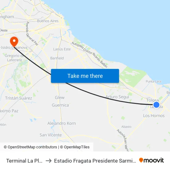 Terminal La Plata to Estadio Fragata Presidente Sarmiento map